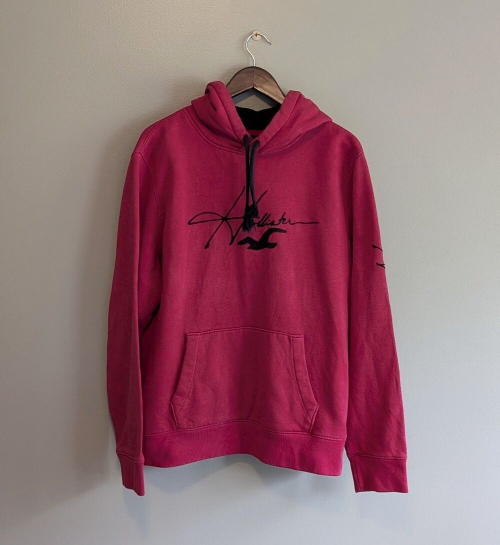 Hollister Mens XL Hoodie Sweatshirt Red Black Embroidered Signature Spellout